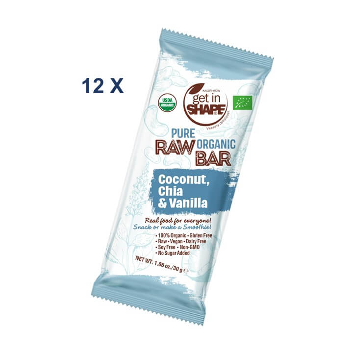 12 Energieriegel Box - Kokosnuss, Chia und Vanille-Reiner biologischer roher Riegel-Online kaufen-Super Preis-100% bio-vegan-www.getrawbar.eu