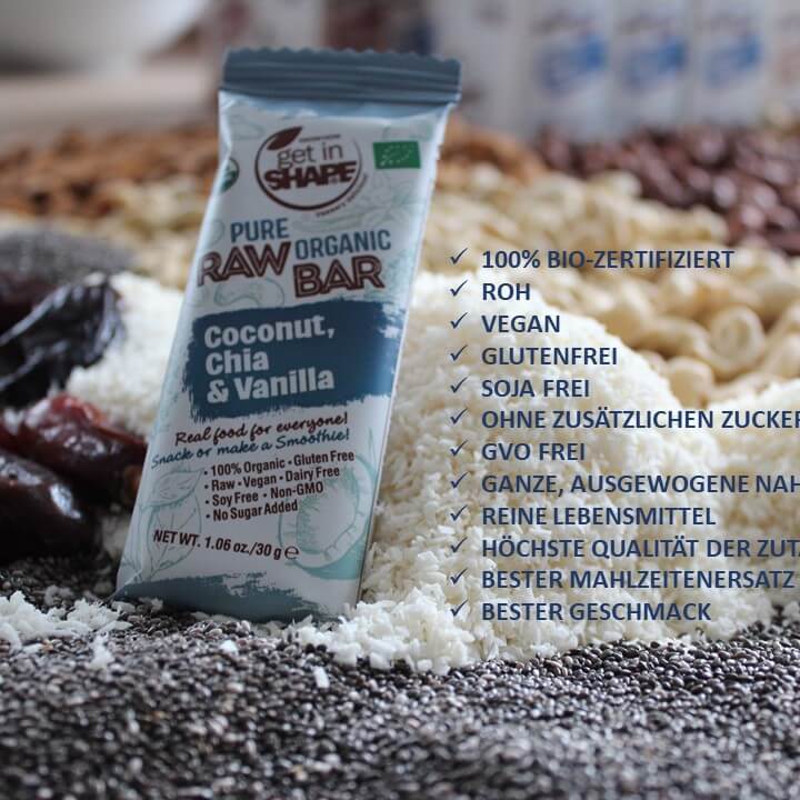12 Energieriegel Box - Kokosnuss, Chia und Vanille-Reiner biologischer roher Riegel-Online kaufen-Super Preis-100% bio-vegan-www.getrawbar.eu