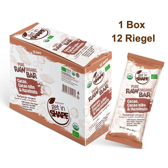 12 Energieriegel Box - Kakao, Kakaonibs und Haselnüsse-Reiner biologischer roher Riegel-Online kaufen-Super Preis-100% bio-vegan-www.getrawbar.eu