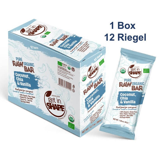 12 Energieriegel Box - Kokosnuss, Chia und Vanille-Reiner biologischer roher Riegel-Online kaufen-Super Preis-100% bio-vegan-www.getrawbar.eu