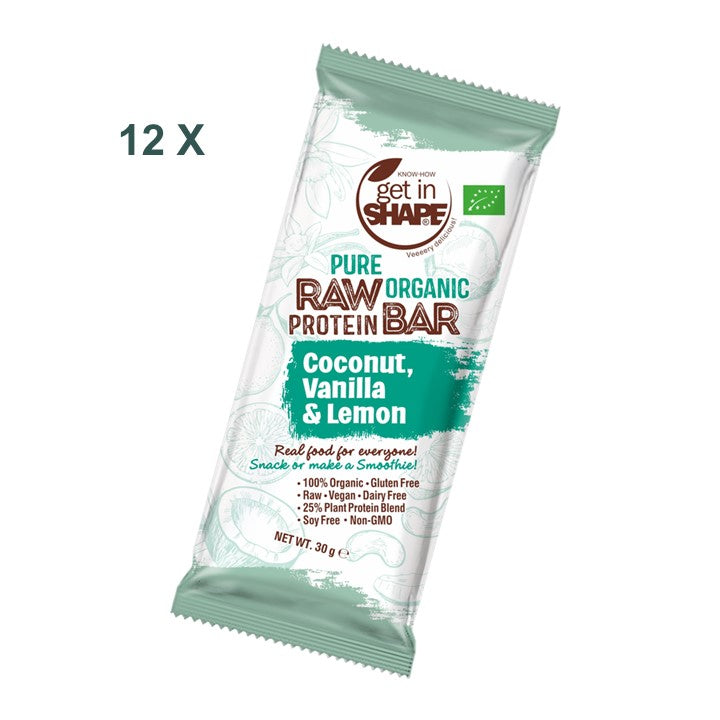 12 Proteinriegel Box - Kokosnuss, Vanille und Zitrone-Reiner biologischer roher Proteinriegel-Online kaufen-Super Preis-100% bio-vegan-www.getrawbar.eu