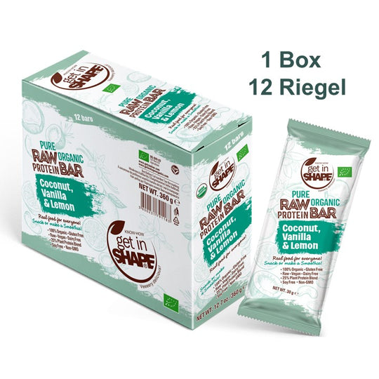 12 Proteinriegel Box - Kokosnuss, Vanille und Zitrone-Reiner biologischer roher Proteinriegel-Online kaufen-Super Preis-100% bio-vegan-www.getrawbar.eu
