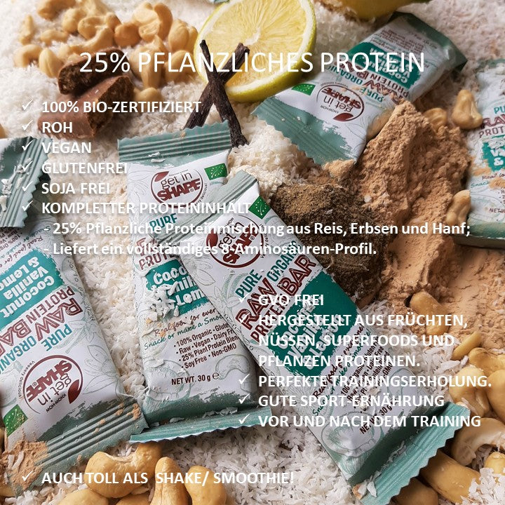 12 Proteinriegel Box - Kokosnuss, Vanille und Zitrone-Reiner biologischer roher Proteinriegel-Online kaufen-Super Preis-100% bio-vegan-www.getrawbar.eu