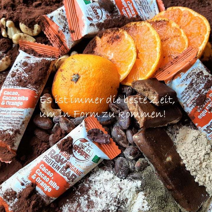 12 Proteinriegel Box - Kakao, Kakaonibs und Orange-Reiner biologischer roher Proteinriegel-Online kaufen-Super Preis-100% bio-vegan-www.getrawbar.eu